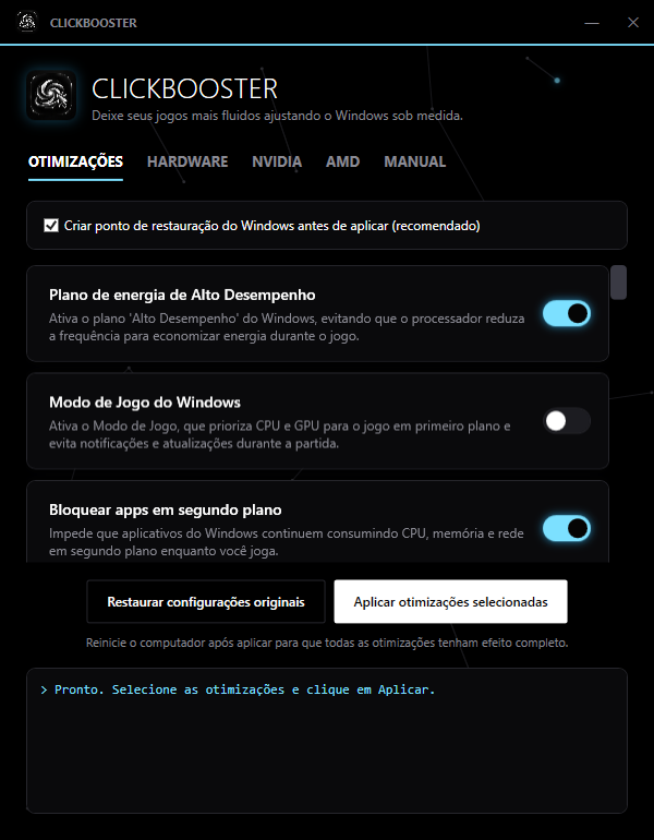Interface do ClickBooster mostrando a lista de otimizações