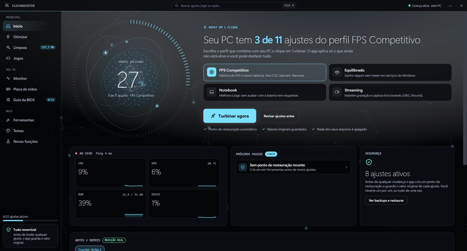 Tela inicial do ClickBooster: perfil FPS Competitivo, botão Turbinar agora e uso de CPU, GPU, RAM e disco ao vivo