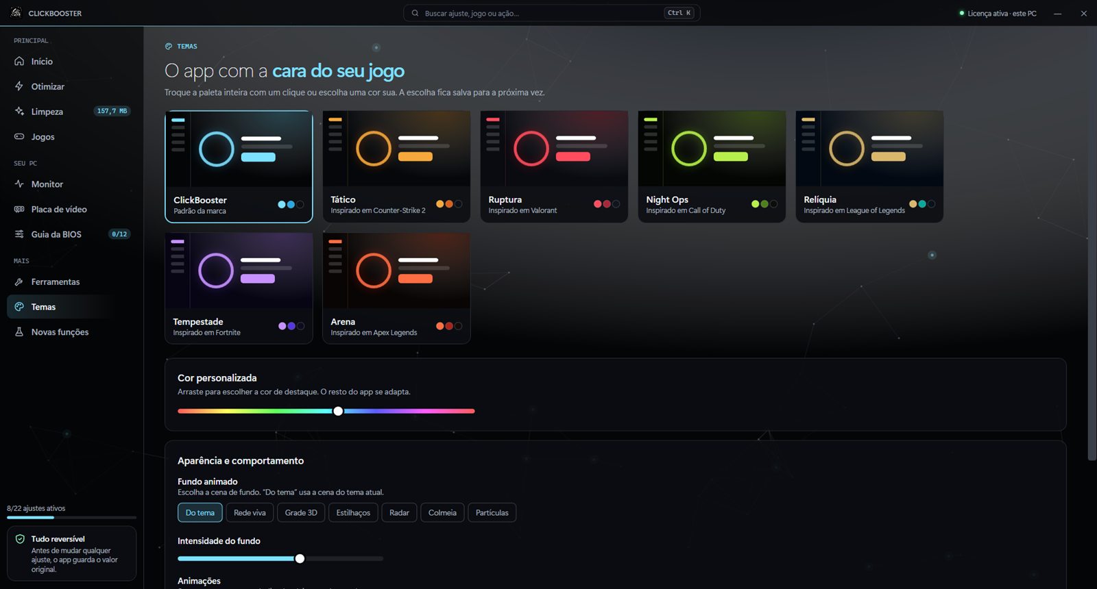 Tela Temas do ClickBooster com sete paletas e escolha de cor personalizada